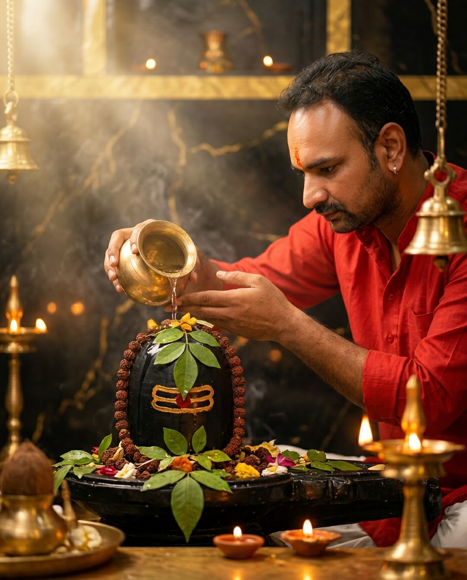 Rudrabhishek being performed on a Shivling